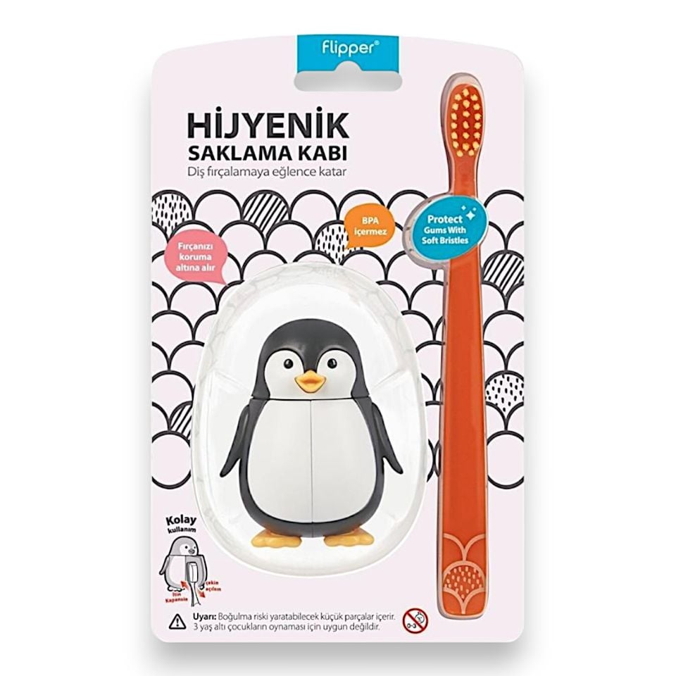 Flipper Hijyenik Diş Fırçası Saklama Kabı + Çocuk Diş Fırçası Seti - Penguen