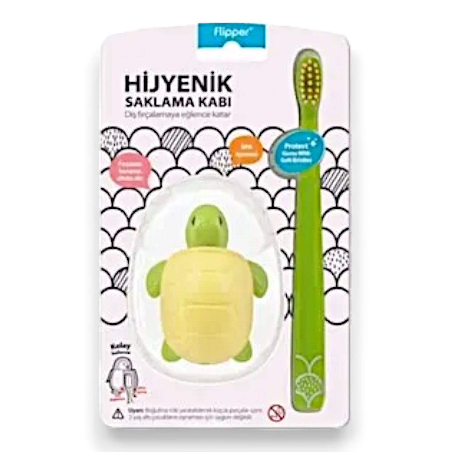 Flipper Hijyenik Diş Fırçası Saklama Kabı + Çocuk Diş Fırçası Seti - Kaplumbağa