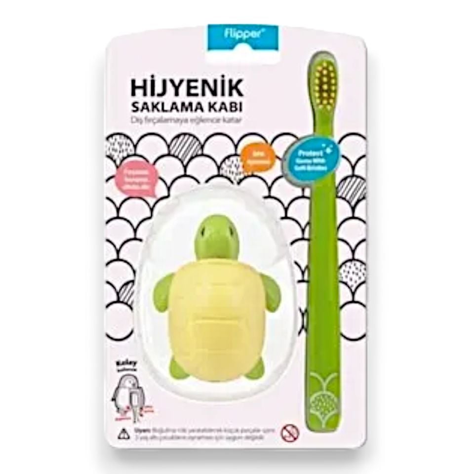 Flipper Hijyenik Diş Fırçası Saklama Kabı + Çocuk Diş Fırçası Seti - Kaplumbağa