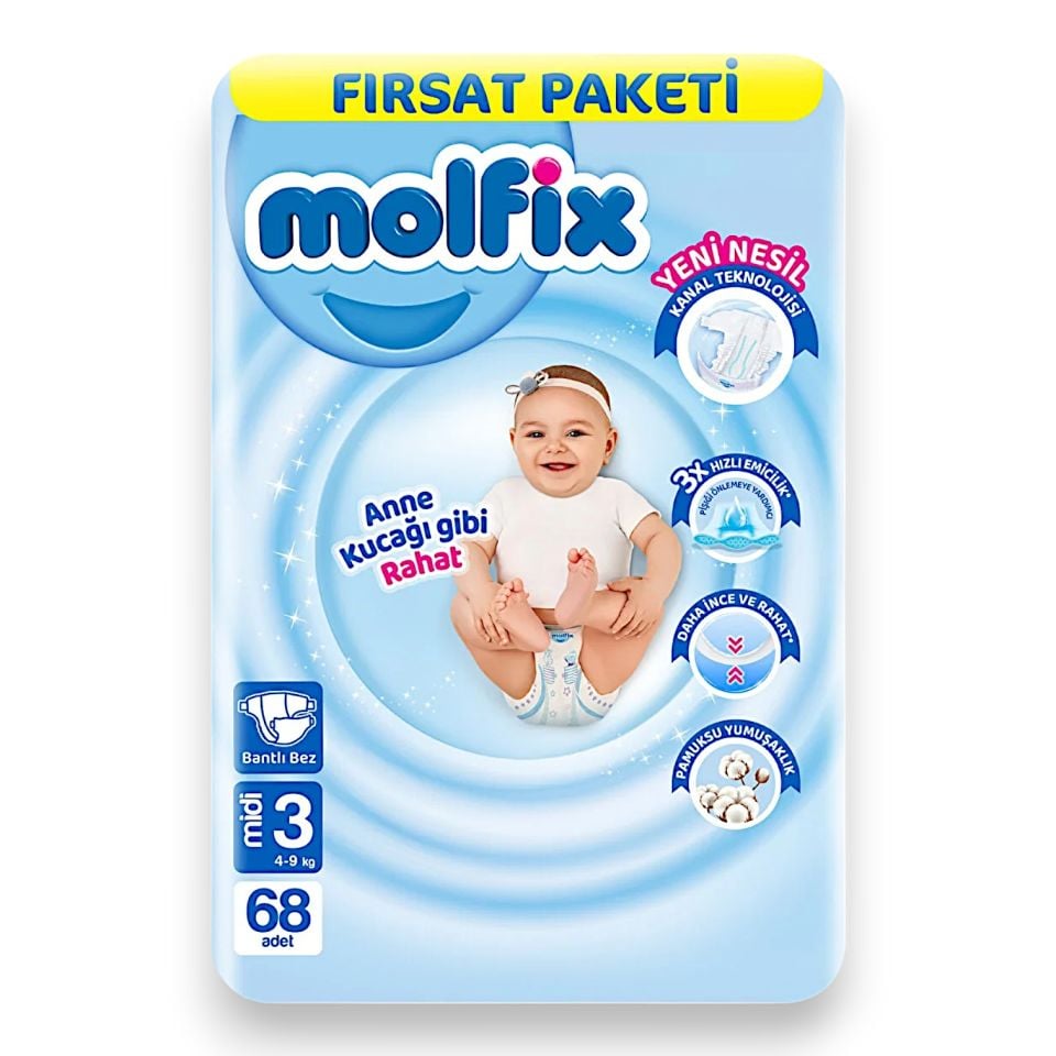 Molfix Yenidoğan Bebek Bezi 3 Numara 4-9 Kg 68 Adet