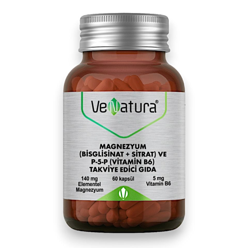 VeNatura Magnezyum (Bisglisinat+Sitrat) ve P5P (Vitamin B6) 60 Kapsül