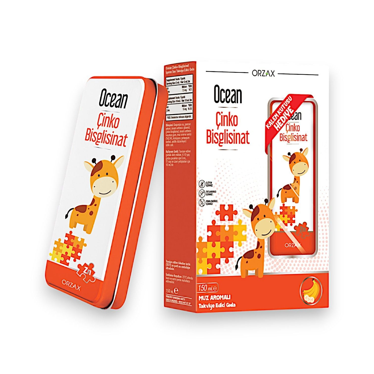 Ocean Çinko Bisglisinat  Muz Aromalı Şurup 150 mL Metal Kalem Kutusu Hediye