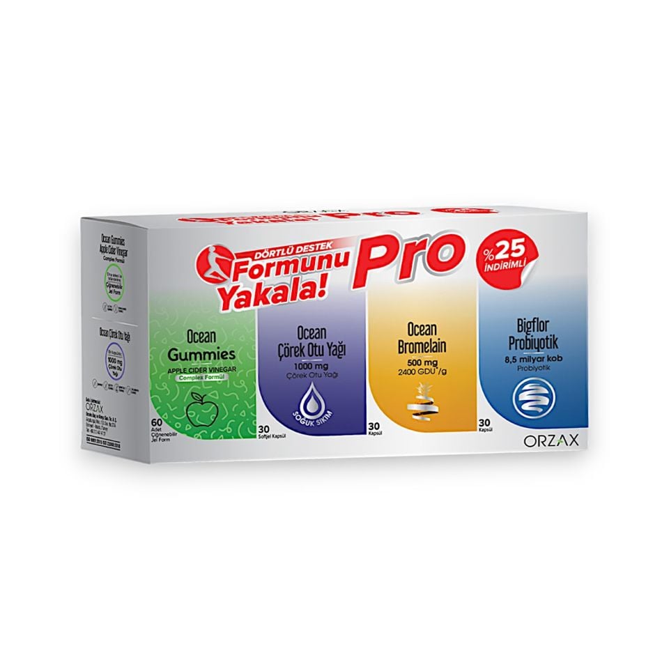 Ocean Formunu Yakala 4'lü Set 30 Kapsül - Bromelain + Bigflor Probiyotik + Çörek Otu Yağı + Gummies Apple Cider Vinegar 60 Adet Çiğnenebilir Jel Form