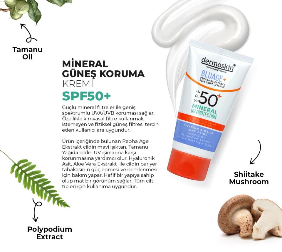 Dermoskin Bluage+ SPF50+ Mineral Filtreli Güneş Koruma Kremi 50 ml